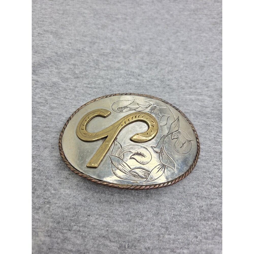 Handmade Western Floral Initial S Horseshoe Silver Belt Buckle